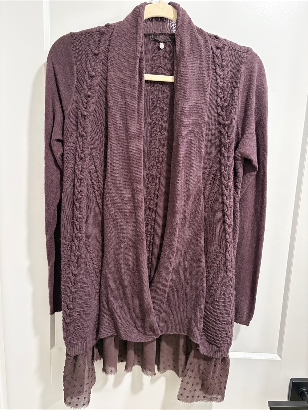 Open-Front Cable-Trim Cardigan with Dotted Hem in Plum